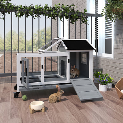 Wooden Rabbit Hutch With Removable Tray and Wheels Ideal for Guinea Pigs Grey