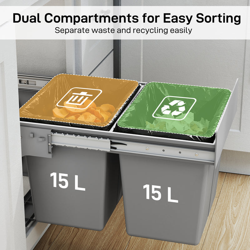 Pull Out Under Sink Bin With 2 Removable 15L Compartments For 400mm Cabinets Light Grey