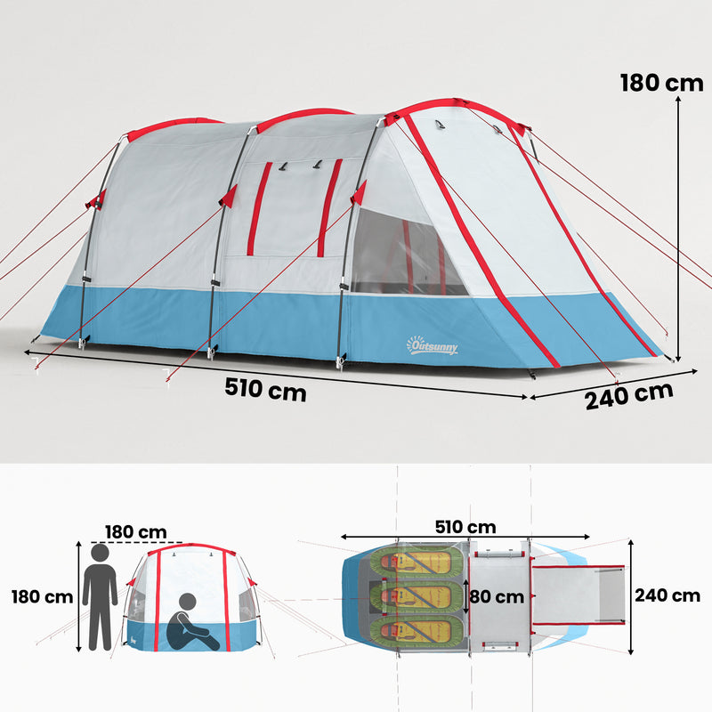 Outsunny 6-8 Person Tunnel Tent, Camping Tent with Bedroom, Living Room, Sewn-in Floor, 3 Doors and Carry Bag, 2000mm Water Column for Fishing, Hiking, Sports, and Traveling, Blue
