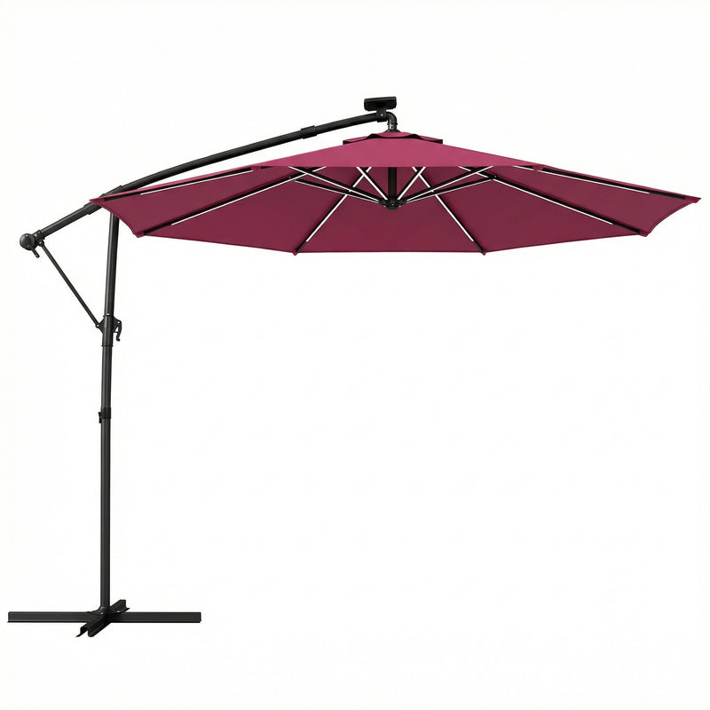 Cantilever Parasol with Lights and Adjustable Shade for Patios, Free Rain Cover, Wine Red
