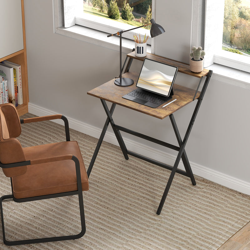 Rustic Brown Folding Computer Desk with Monitor Shelf 70 cm Space Saving Design by HOMCOM
