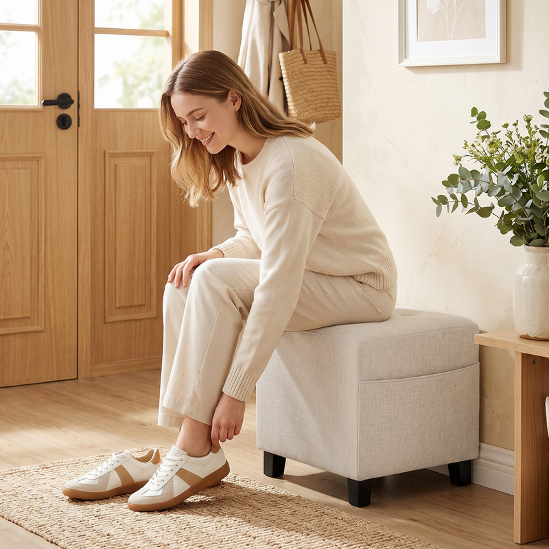 Storage Footstool with Side Pocket for Small Spaces and Extra Comfort