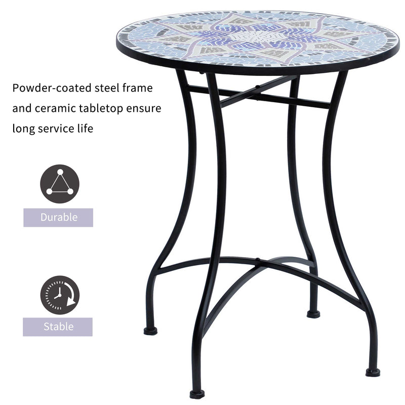 Small Round Mosaic Garden Side Table with 60cm Ceramic Top for Patio or Balcony