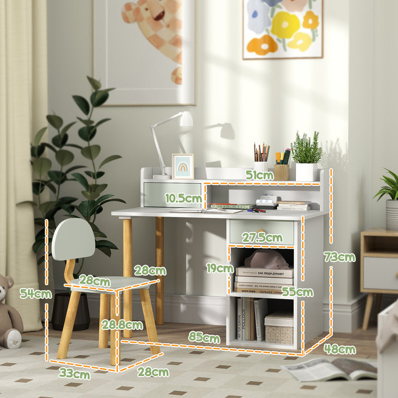 Kids Study Desk and Chair Set with Hutch Storage Shelves and Drawer for Home Learning Green