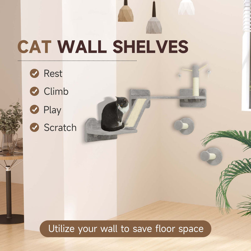 3 Piece Cat Wall Furniture Set with Scratch Posts Perches and Toys in Light Grey by PawHut