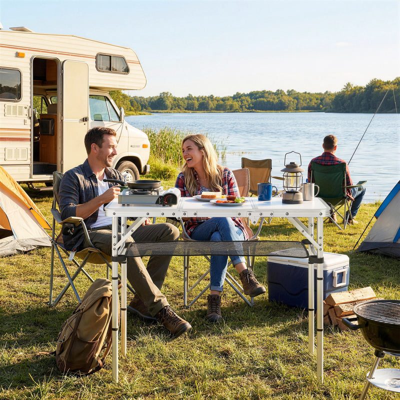 Folding Picnic Table with Mesh Shelf for Stable Outdoor Snacks and Drinks Cream White