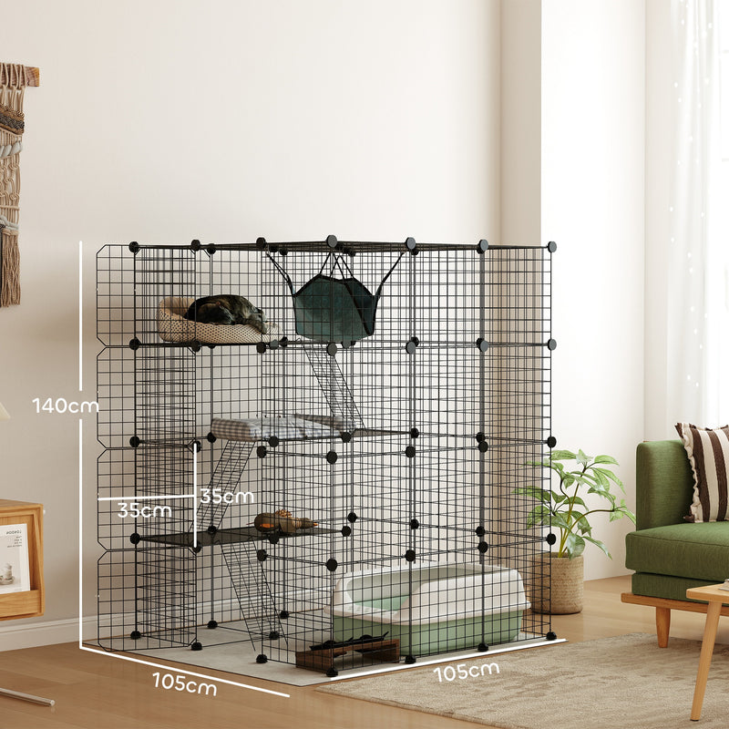 Black Steel Wire Cat Cage with Hammock and Ramps for 1-3 Cats by PawHut