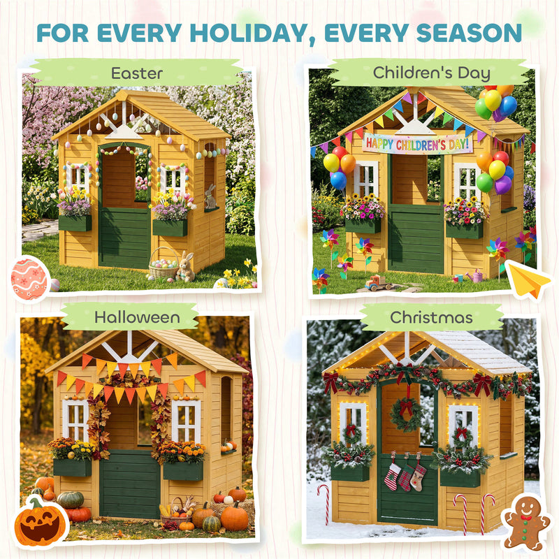 Wooden Garden Playhouse for Children with Spacious Interior and Flower Boxes Brown AOSOM