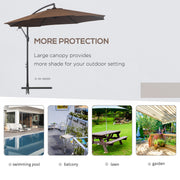 Brown 2.45m Cantilever Garden Parasol Waterproof Overhanging Umbrella With Cross Base