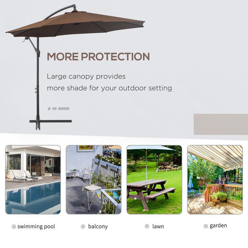 Brown 2.45m Cantilever Garden Parasol Waterproof Overhanging Umbrella With Cross Base