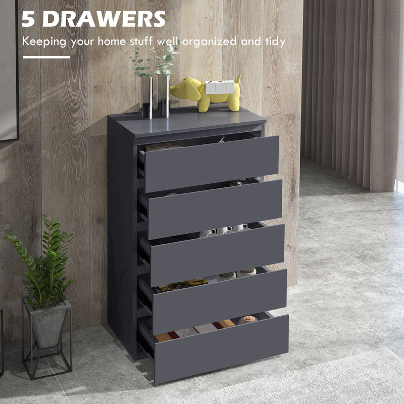 5 Drawer Tall Bedroom Dresser With High Gloss Finish And Ample Storage Space Grey