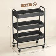 3 Tier Metal Storage Trolley With Wheels And Mesh Baskets For Home Organisation Black