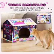 2 in 1 Cardboard Cat House With Scratching Board and Catnip For Indoor Play, Pink AOSOM