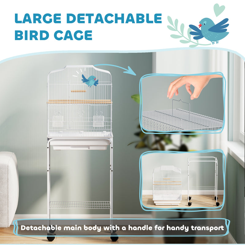 White Bird Cage with Stand and Storage for Budgies Canaries Finches Easy Clean Tray