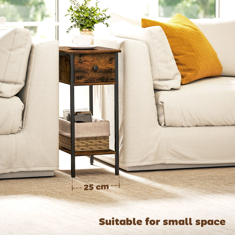 Slim Side Table with Drawer and Storage Shelf Ideal for Small Spaces, Rustic Brown