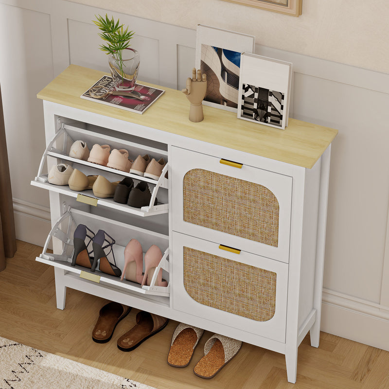 Slim Shoe Storage Cabinet for Hallway with Boho Style Rattan Doors and Oak Top Holds 20 Pairs White 105x24x95cm Homcom