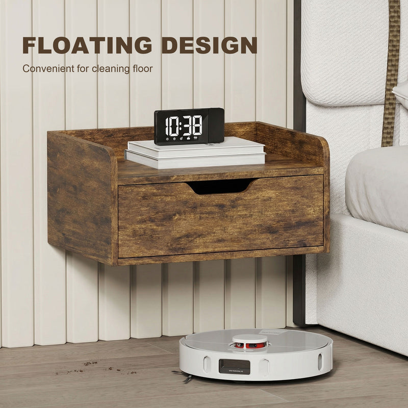 Floating Bedside Tables Set of 2 with Drawer and Shelf for Space Saving Bedroom Storage Rustic Brown AOSOM