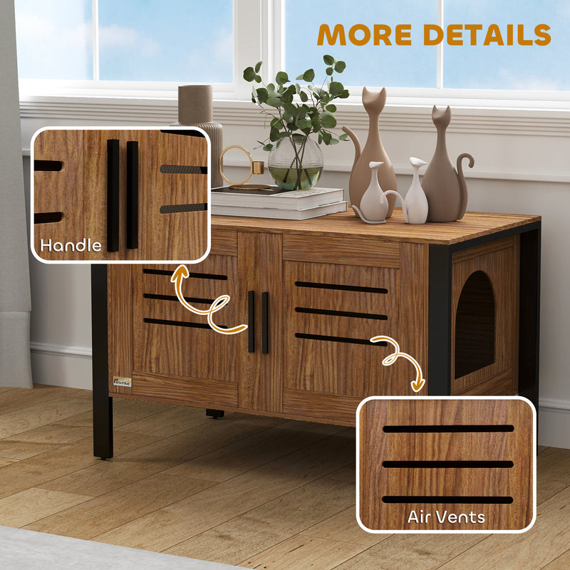 Dark Brown Cat Litter Box Enclosure With Scratcher Legs Double Doors and Ventilation Holes
