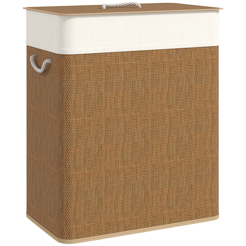 100L Double Laundry Hamper with Lid and Removable Liner Brown Bamboo Basket