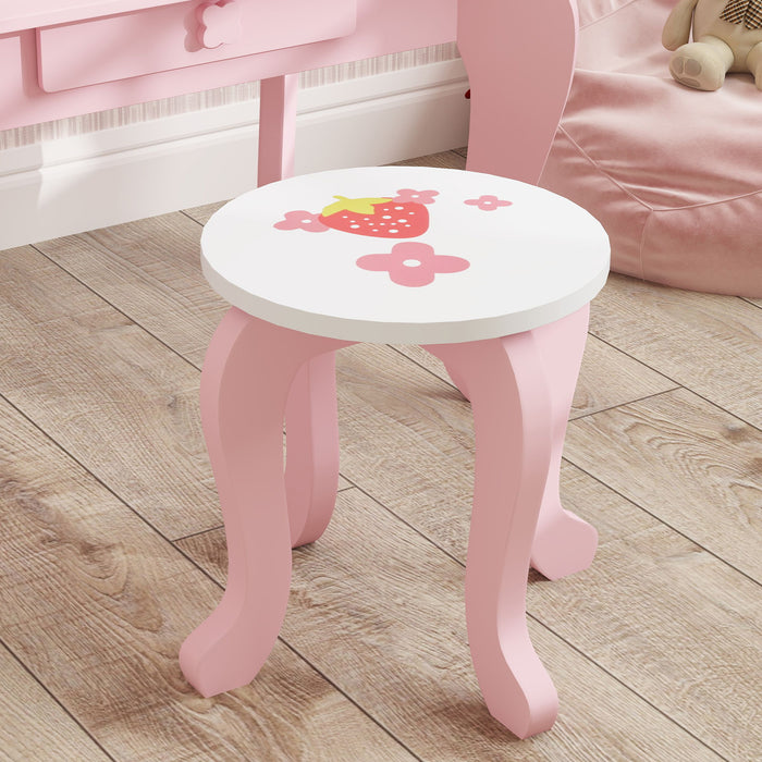 Pink Kids Dressing Table Set With Stool Mirror and Storage Strawberry Theme by AIYAPLAY