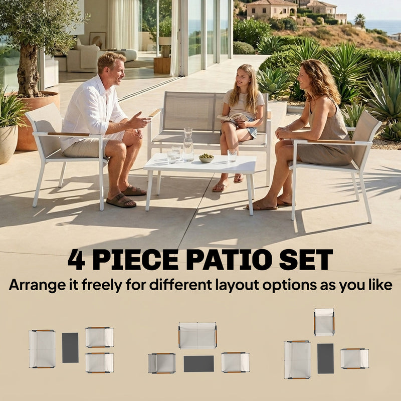 Outsunny 4 Seater Garden Furniture Set with Loveseat, Armchairs, Table, Metal Garden Sofa Set with Breathable Seats, Khaki AOSOM