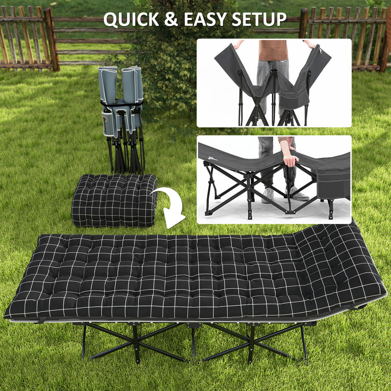 Folding Camping Bed with Thick Mattress and Head Support for Comfortable Outdoor Sleep Black