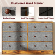 6 Drawer Fabric Chest of Drawers with Wooden Top for Bedroom Storage Grey and Rustic Brown