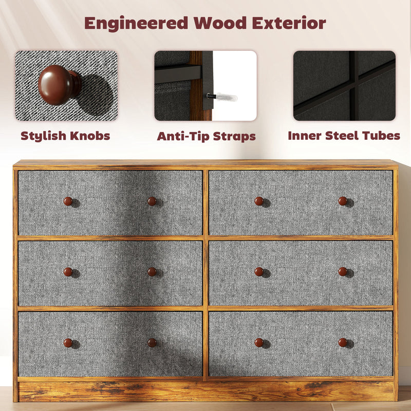 6 Drawer Fabric Chest of Drawers with Wooden Top for Bedroom Storage Grey and Rustic Brown