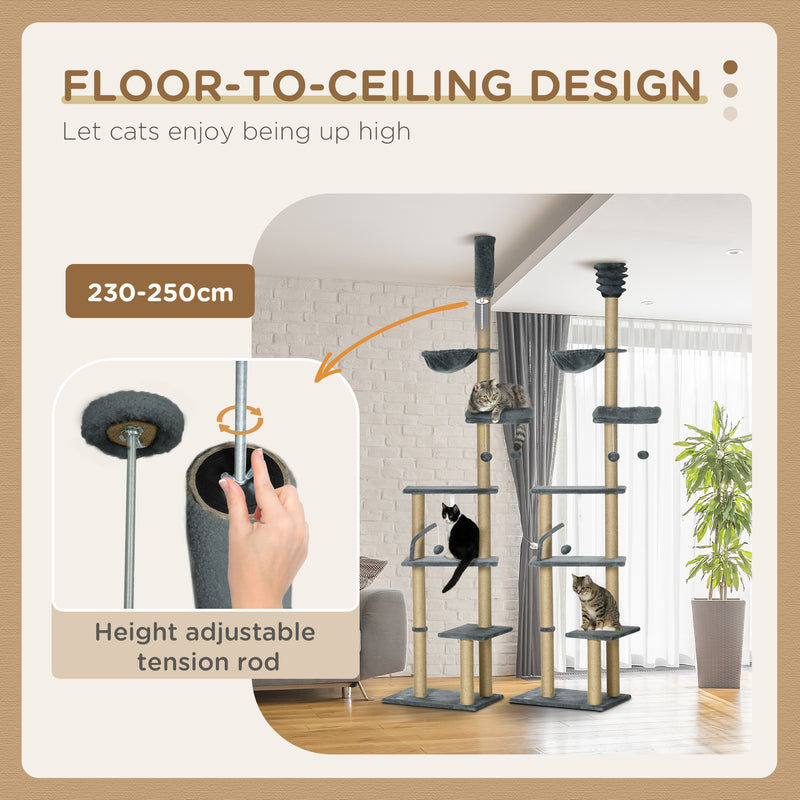 Floor to Ceiling Cat Tree Tower with Hammock and Scratching Posts for Indoor Play Grey