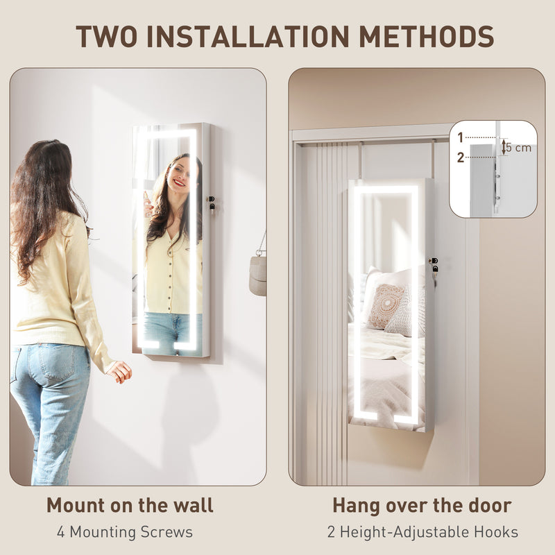 Jewellery Storage Cabinet with Full Length Mirror and LED Lights Wall or Door Mounted White