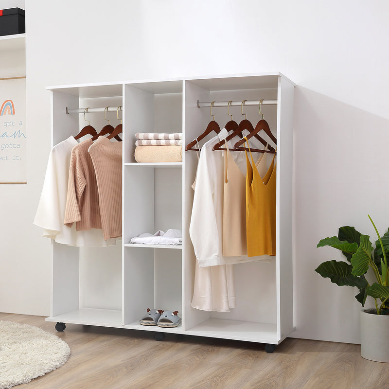 White Double Open Wardrobe With Shelves And 6 Wheels For Mobile Bedroom Storage