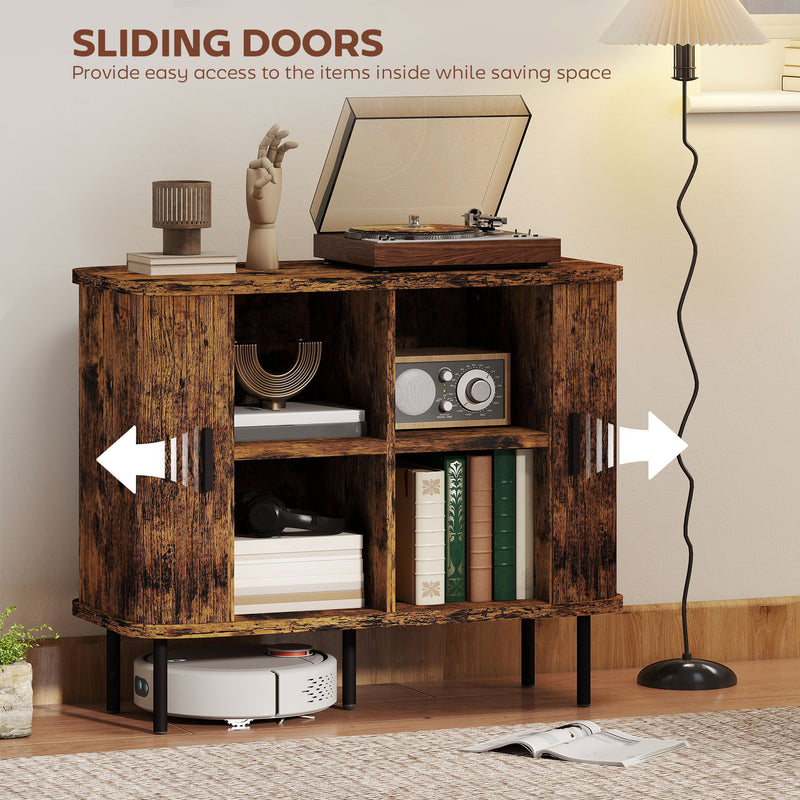 Mid Century Sideboard Storage Cabinet With Sliding Doors And Steel Legs For Kitchen, Rustic Brown