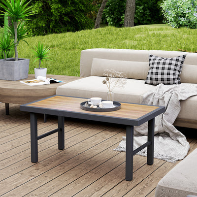 Metal Rectangular Garden Coffee Table with Woodgrain SPC Tabletop for Outdoors 100cm Brown by Outsunny