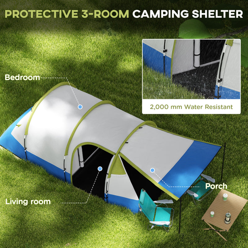 Outsunny Three Man Two-Room Tent, with Porch and Accessories - Green
