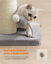 Tall Dove Grey Cat Scratching Post with Spring Pompom Toy for Indoor Cats by Feandrea