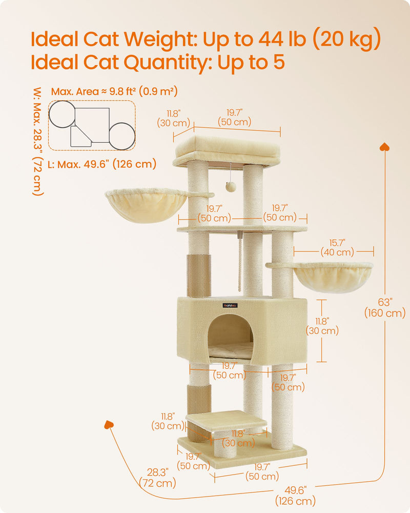 Large Cat Tree in Sand Beige with Multi Level Design and Soft Plush Covering by Feandrea