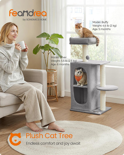 Light Grey Cat Tree Tower with Two Caves for Multiple Cats and Climbing Fun by Feandrea