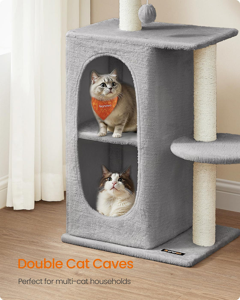 Light Grey Cat Tree Tower with Two Caves for Multiple Cats and Climbing Fun by Feandrea