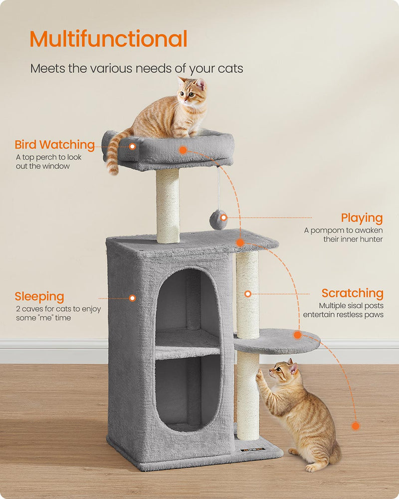 Light Grey Cat Tree Tower with Two Caves for Multiple Cats and Climbing Fun by Feandrea