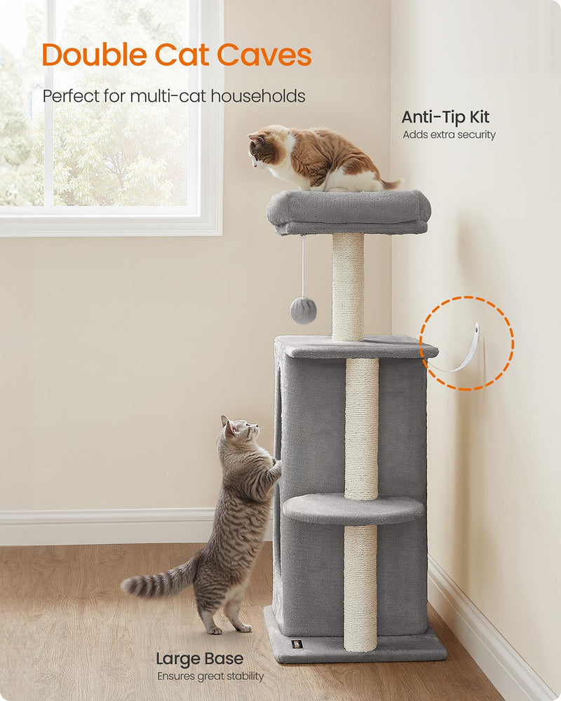 Light Grey Cat Tree Tower with Two Caves for Multiple Cats and Climbing Fun by Feandrea