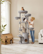 Tall Cat Tree 196 cm with Two Perches and Platforms in Light Grey by Feandrea
