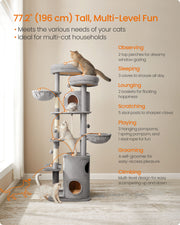 Tall Cat Tree 196 cm with Two Perches and Platforms in Light Grey by Feandrea