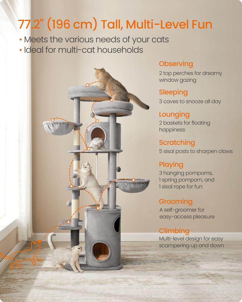 Tall Cat Tree 196 cm with Two Perches and Platforms in Light Grey by Feandrea