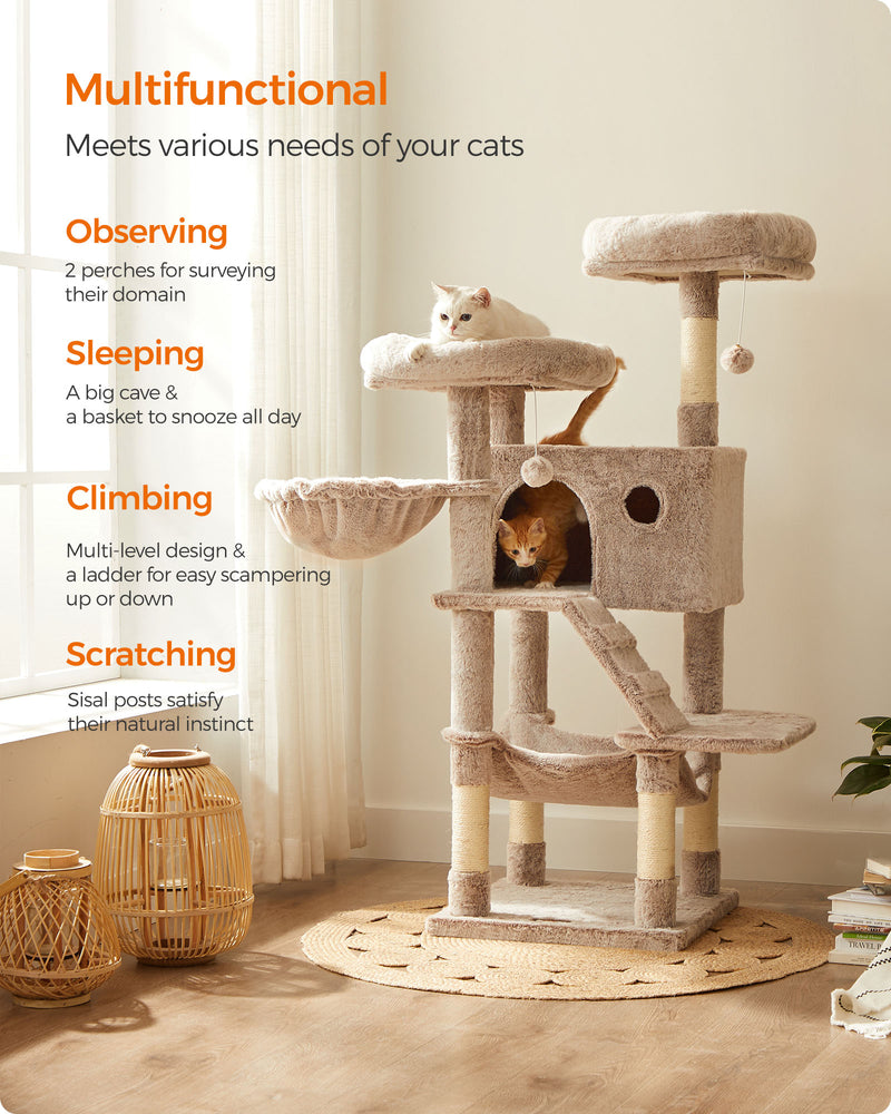 Large Cat Tree Tower For Big Cats with Ultra Soft Plush and Sturdy Design in White Brown Ombre by Feandrea