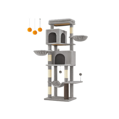 Multi Level Cat Tree Tower with Two Cosy Caves in Dove Grey for Indoor Cats by Feandrea