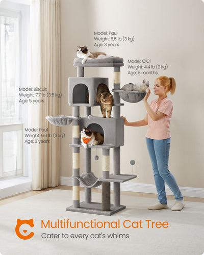 Multi Level Cat Tree Tower with Two Cosy Caves in Dove Grey for Indoor Cats by Feandrea