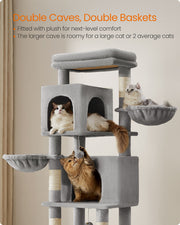 Multi Level Cat Tree Tower with Two Cosy Caves in Dove Grey for Indoor Cats by Feandrea