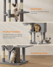 Multi Level Cat Tree Tower with Two Cosy Caves in Dove Grey for Indoor Cats by Feandrea