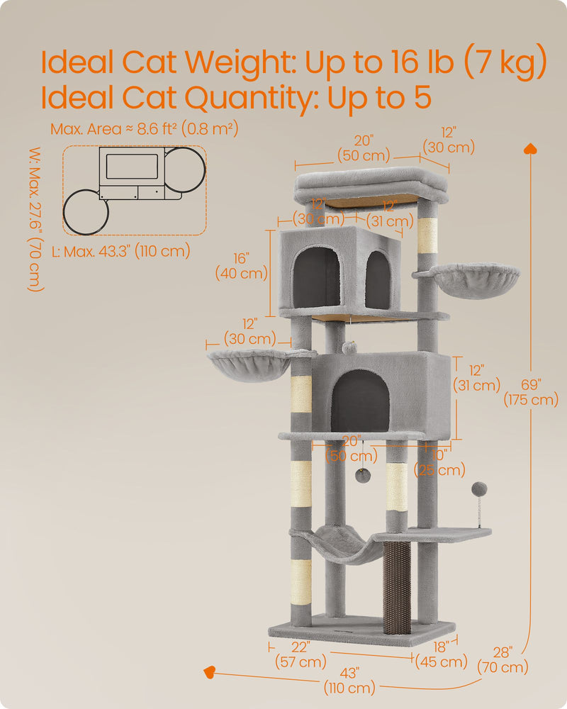 Multi Level Cat Tree Tower with Two Cosy Caves in Dove Grey for Indoor Cats by Feandrea