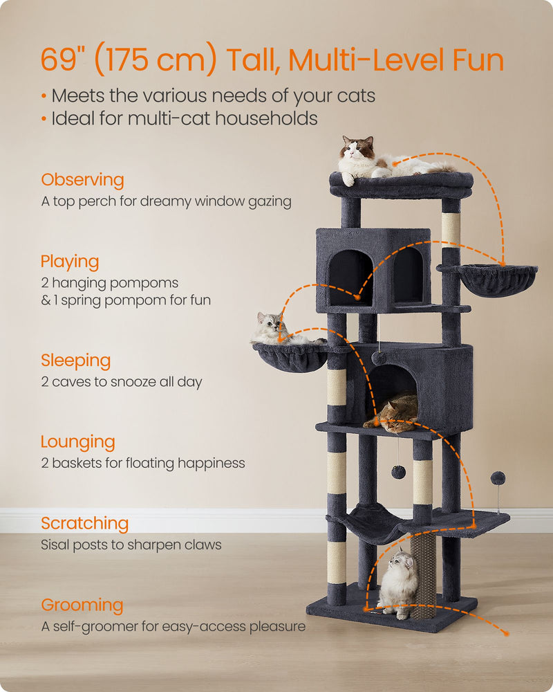 Tall 175 cm Cat Tree Tower with 5 Scratching Posts in Dark Grey by Feandrea